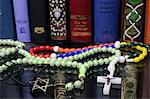 Bibles and Quran, interfaith symbols of Christianity, Islam and Judaism, the three monotheistic religions, Haute-Savoie, France, Europe