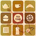 Icons Tea Time. Set of 9 icons. Grunge background. Old paper