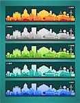 Vector collection of 5 horizontal banners with small town or village silhouettes