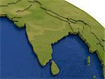 India on detailed model of planet Earth with visible country borders on green land and waves on the ocean waters.