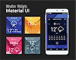 Trendy mobile app weather widgets UI kit, on trendy material background, with smartphone mockup and bold line icons