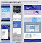 Material design responsive pixel perfect UI mobile weather app, basic linear icons, widgets and notifications kit, smartphone mockups and website landing page template with trendy polygonal header background, basic linear UI kit, weather app widget. Startup Bundle Material Series