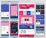 Material design responsive pixel perfect UI mobile calendar app, widgets and notifications kit, smartphone mockups and website landing page template with trendy material header background. Startup Bundle Material Series