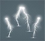 Set of the isolated realistic lightnings with transparency for design. Natural effects