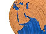 Middle East region on wooden model of planet Earth with embossed continents and visible country borders. 3D rendering.