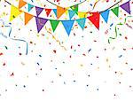 Party flags with a colorful confetti and streamer on white background.