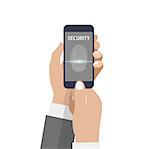 Hand holding smartphone with scanning fingerprint on the screen. Flat style vector illustration.