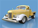 Old restored pickup. Pick-up in the style of hot rod. 3d illustration. Golden-white car on a blue background