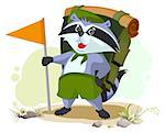 Scout raccoon with backpack goes camping. Summer Camping. Cartoon vector illustration