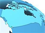 Canada on translucent model of planet Earth with visible continents blue shaded countries. 3D rendering.