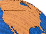 USA on wooden model of planet Earth with embossed continents and visible country borders. 3D rendering.