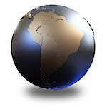 South America on metallic model of planet Earth with embossed continents and visible country borders. 3D illustration isolated on white background with shadow.