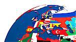 Political map of Europe with each country represented by its national flag. 3D Illustration.