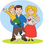 Cute cartoon family in colorful casual clothes.