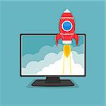Computer monitor with a rocket flying out of the screen, startup business or project concept, vector eps10 illustration