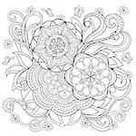 Hand drawn monochrome print with doodle flowers and mandalas isolated on the white. Boho style. Image for adult and children coloring books, pages, tattoo, decorate dishes, cups, porcelain, ceramics, shirts, dresses, bags, tunics. eps 10