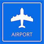 Airport sign vector. Airplane icon. Flat passenger plane icon isolated on blue background. Aircraft logo