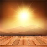 Wooden table looking out to a view of a sunny landscape