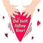 Drawn in cartoon style postcard with childrens handprints and a heart. Happy fathers day
