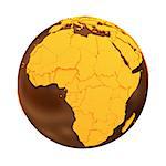 Africa on chocolate model of planet Earth. Sweet crusty continents with embossed countries and oceans made of dark chocolate. 3D illustration isolated on white background.