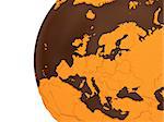 Europe on chocolate model of planet Earth. Sweet crusty continents with embossed countries and oceans made of dark chocolate. 3D rendering.