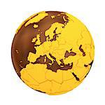 Europe on chocolate model of planet Earth. Sweet crusty continents with embossed countries and oceans made of dark chocolate. 3D illustration isolated on white background.