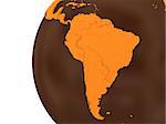 South America on chocolate model of planet Earth. Sweet crusty continents with embossed countries and oceans made of dark chocolate. 3D rendering.