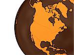 North America on chocolate model of planet Earth. Sweet crusty continents with embossed countries and oceans made of dark chocolate. 3D rendering.