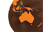 Australia on chocolate model of planet Earth. Sweet crusty continents with embossed countries and oceans made of dark chocolate. 3D rendering.