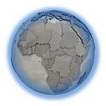 Africa on 3D model of metallic planet Earth made of steel plates with embossed countries. 3D illustration isolated on white background.