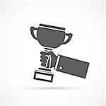 Holding trophy cup in hand. Business success vector illustration