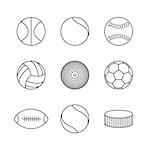 Gray icons of various sports balls of thin lines, vector illustration.
