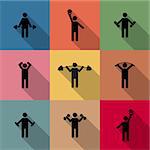 Icons athletes perform exercises with long diagonal shadow, second part, vector illustration.