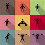 Icons athletes perform exercises with long diagonal shadow, third part, vector illustration.