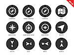 Compass and maps vector icons set. Equipment for finding right way. Travelling and direction items, compasses, map, wind roses, south, east, west, north signs. Isolated on white background