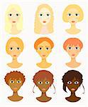 faces of women, girls hairstyles colored race. vector illustration