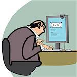 Businessman and a letter in the computer line art. E-mail. Working newsletter