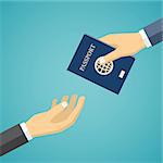 Businessman hand receiving passport from another hand. Also available as a Vector in Adobe illustrator EPS 10 format.