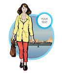 Beautiful young  women in a casual clothes on city background Vector hand drawn  illustration.