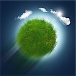 3D render of a grassy globe zooming through the sky