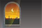 Month of Ramadan. Moon over minarets. Template greeting card. Illustration in vector format