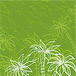 Tropical landscape, palm trees yellow and white contours on green background. Vector