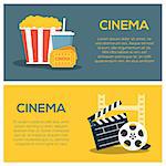 Cinema concept poster template with popcorn and soda, film strip and clapper board