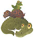 Cartoon vector illustration of an alligator, a turtle and a frog hanging out together, stacked in a pyramid.