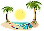Summer holidays at sea. Palm trees, sun, flippers and mask for diving. Cartoon illustration in vector format