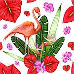 illustration of seamless pattern with exotic tropical flower and flamingo