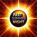 Flyer template for summer night party. Premium abstract background with bokeh defocused lights and sun rays. Vector illustration