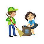 Kids With Broom And Binbag Bright Color Simple Style Flat Vector Illustrations On White Background