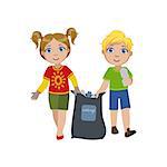 Kids Collecting Garbage Bright Color Simple Style Flat Vector Illustrations On White Background