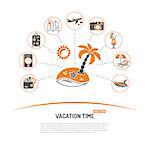 Vacation Time and Tourism Concept with Icons for Mobile Applications, Web Site, Advertising like Map, Boat, Luggage, Trip, Cocktail, Island and Aircraft.